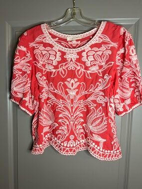 Solitaire Embroidered Top Scalloped Hem Puff Sleeve Coral Medium Boho